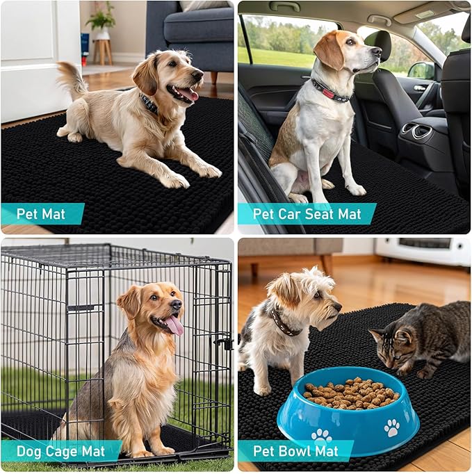 OLANLY Dog Door Mat for Muddy Paws 59x24, Absorbs Moisture and Dirt, Absorbent Non-Slip Washable Doormat, Quick Dry Chenille Mud Mat for Dogs, Entry Indoor Entryway Carpet for Inside Floor, Black