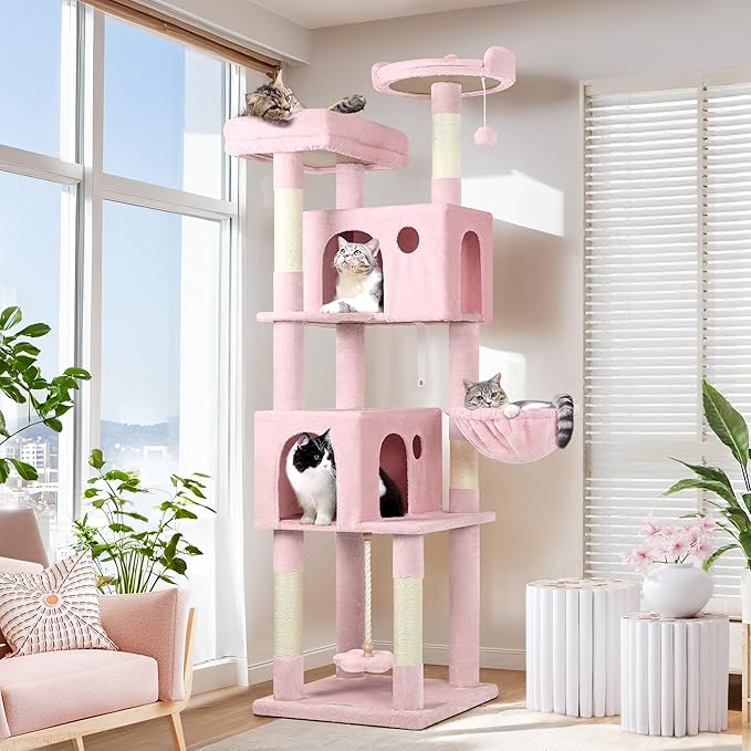 Globlazer Pink Cat Tree, 70 inch Tall Scratching Tower Multi-Level Cat Condo for Indoor Multiple Cats with 2 Large Cat Caves, Top Perch, Large Platform, Bottom Swing, F70B, Pink