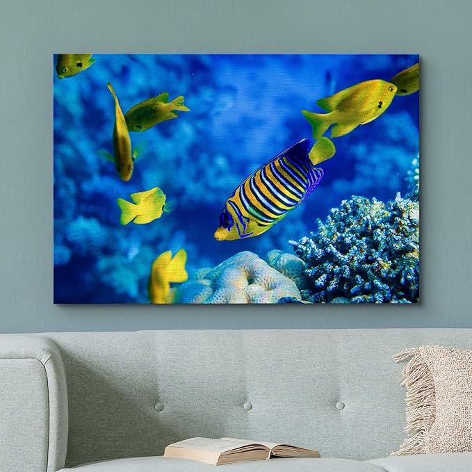 wall26 Canvas Print Wall Art Striped Yellow Tropical Fish Coral Reef Sea Nature Animals Photography Realism Rustic Scenic Landscape Wilderness Colorful for Living Room, Bedroom, Office - 24"x36"