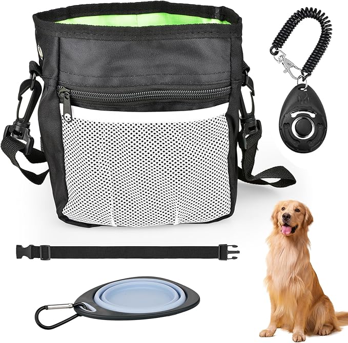 CONLI Dog Treat Pouch with Folding Bowl and Training Clicker, Treat Pouches for Pet Training Built-in Poop Bag Dispenser, Dog Training Treat Pouch for Pet Training Walking