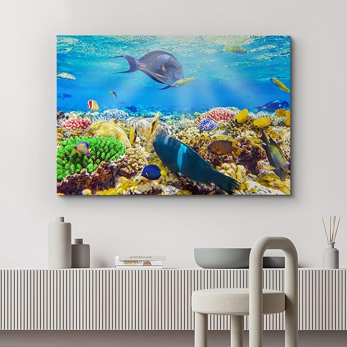 wall26 Canvas Print Wall Art Sunlight Ocean Sea Coral Reef Anemone Fish Nature Animals Photography Realism Rustic Scenic Landscape Wilderness Earth for Living Room, Bedroom, Office - 24"x36"