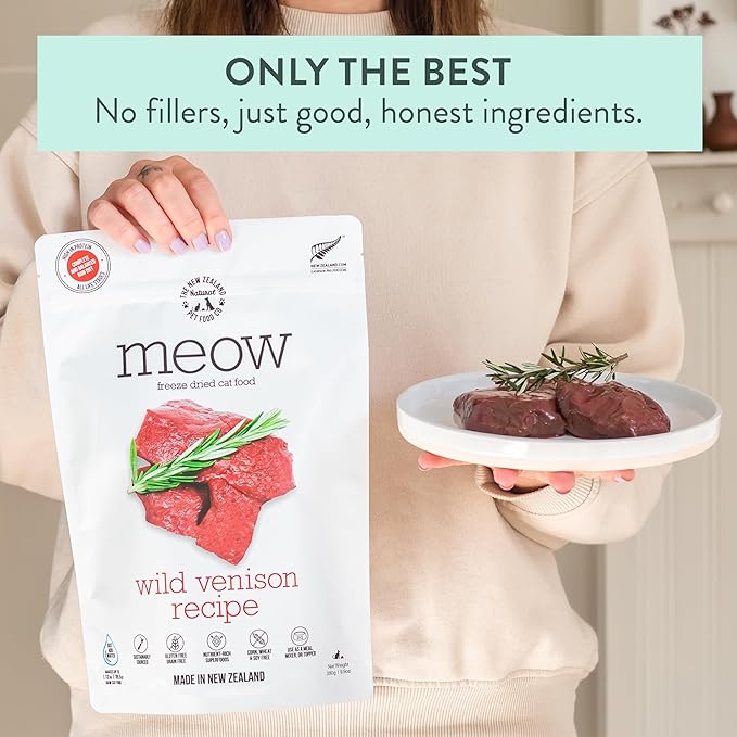 Meow Freeze Dried Cat Food - Wild Venison Recipe, High Protein Treats, Meals & Toppers, Dry Cat Food, 9.9 oz