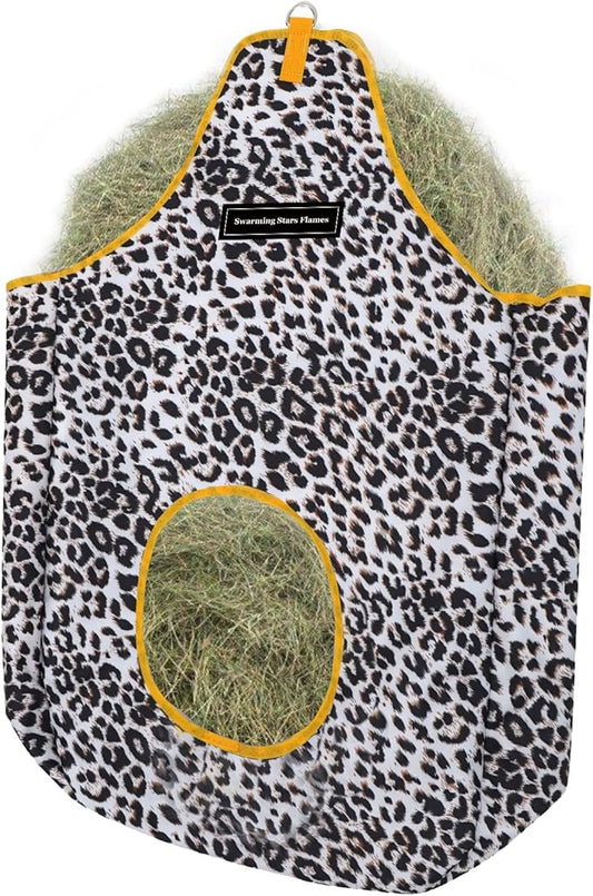 Horse Hay Bag Durable Oxford Fabric, Large Capacity Feeding Bag with Metal Snap Fastener, Slow Feeding Hay Sack, Ideal for Horse Cow Goats Donkey Perfect Hay Feeder with Open Feed Hole (Animal Print)