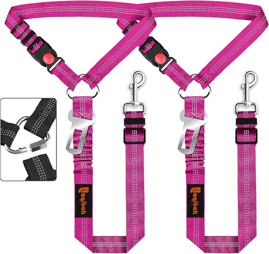 Removable Dog Seat Belt Harness for Car, 3 in 1 Pet Dog Car Seatbelt Leash, Retractable Restraint Secures to Vehicle Headrest & Adjustable Reflective Bungee Dog Seatbelt Tether, Rose