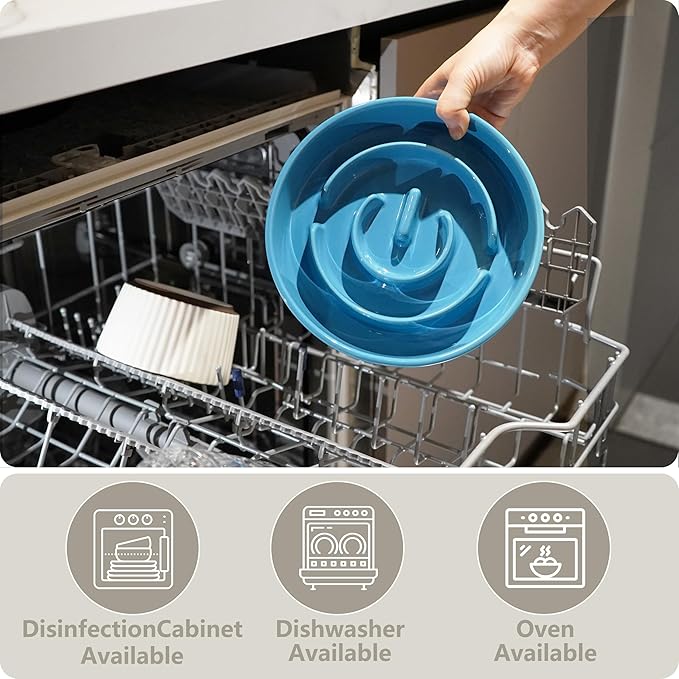 Ceramic Slow Feeder and Water Bowl Set for Medium and Large Dogs, Ceramic Dog Bowls Elevated with Wooden Stand, 2.0 Cups Dog Slow Feeder(30oz) and 70oz Water Bowl Set, Blue