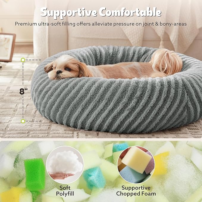 MIXJOY Calming Dog Bed Medium Size, Donut Dog Beds Medium Sized Dogs, Fluffy Plush Faux Fur Round Dog Cat Cuddler with Removable Washable Cover, 30"x30"x8", Grey