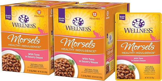 Wellness Healthly Indulgence Morsels Adult Wet Cat Food, Natural, Protein-Rich, Grain Free, 3 Ounce Pouch, 24 Pack, (Tuna)
