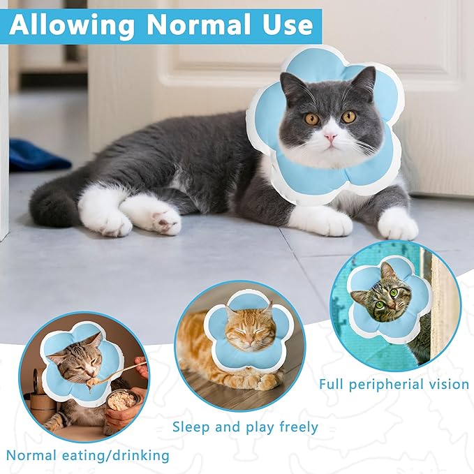 Cat Cone Collar Soft, Waterproof Cats Cones to Stop Licking After Surgery, Adjustable Soft Elizabeth Cats Collars for Wound Healing, Flower Shape Cat Recovery Collar (Blue, Small)
