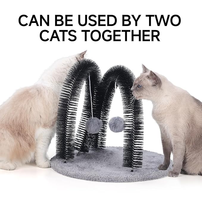 Cat Arch Self Groomer Massager, Kitty Grooming Brush with 2 Brushes and Heavy Plush Base, Cat Face and Back Scratchers, Scratching Post for Indoor and Outdoor Cats with 2 Plush Balls