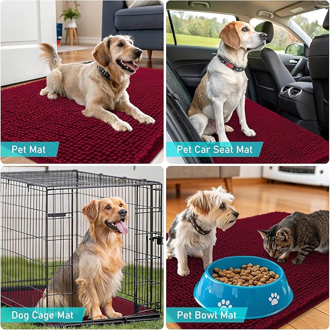 OLANLY Dog Door Mat for Muddy Paws 47x20, Absorbs Moisture and Dirt, Absorbent Non-Slip Washable Doormat, Quick Dry Chenille Mud Mat for Dogs, Entry Indoor Entryway Carpet for Inside Floor, Burgundy