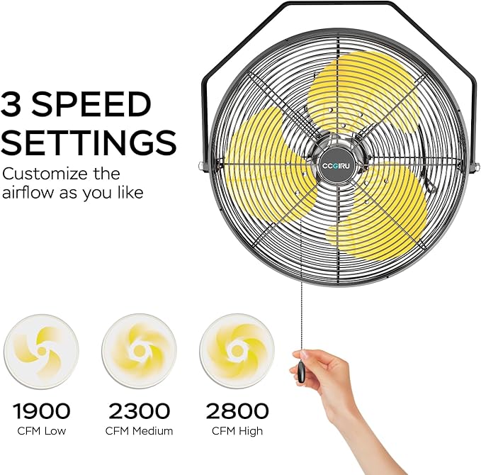 2800 CFM 12" Industrial Wall Mount Fan, High Velocity 3-Speed Professional Metal Wall Mounted Fan with Sealed Motor, Heavy Duty Fan Indoor for Covered Patio, Greenhouse, Gazebo, and Garage, UL Listed