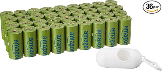 Amazon Basics Dog Poop Bags with Dispenser, 540 Count, Enhanced for Guaranteed Leakproof, Talcum Powder Scented, Includes Leash Clip