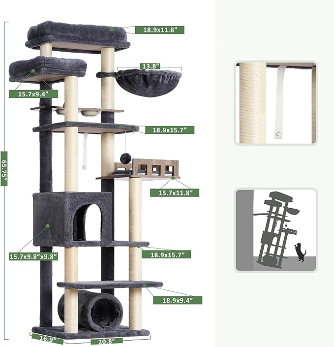 Cat Tree with Tunnel, Cat Tower for Indoor Cats, Tall Cat Tree Tower with Cat Condo, Food Station, Large Platform, Scratching Posts, Hammock, Smoky Gray GCT021G