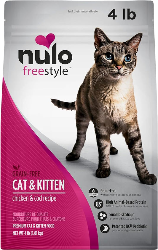 Nulo Freestyle High Protein Cat & Kitten Food, Chicken & Cod Recipe - Natural Grain-Free Dry Cat Food with Omega Fatty Acids & Probiotics, 4 lb Bag