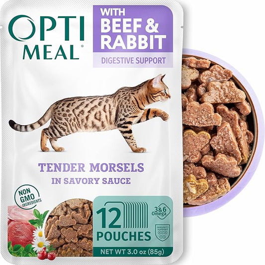 Optimeal Grain-Free Wet Cat Food – Beef & Rabbit Recipe, High Protein & Moisture Rich Indoor Adult Cats Food, Tender Morsels in Savory Gravy Natural Ingredients - 3 oz Pouches, 12 Pack