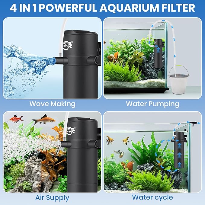 Aquarium Filter for 40-120 Gallon Tank, Fish Tank Filter with Wave-Maker Oxygenation Circulation, Adjustable Air Flow Filter for Freshwater & Saltwater, 4 in 1 Submersible Filter (12W)