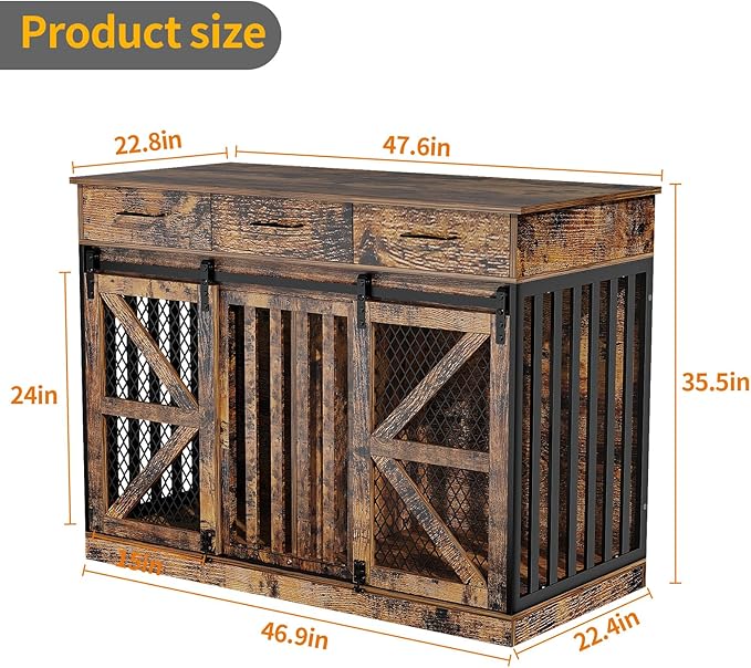 48'' Dog Crate Furniture with Removable Divider & Storage Drawers, Wooden Double Dog Cage TV Stand with 2 Sliding Barn Doors, Multi-Functional Dog Crate End Table for Indoor use (Retro Brown)