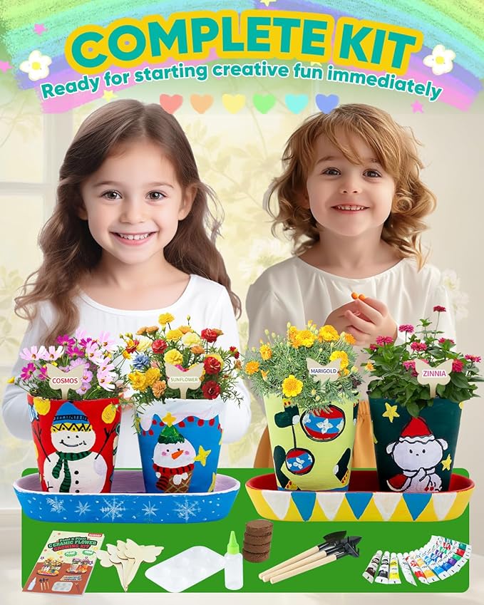 RGBDOT Kids Gardening Set Paint and Plant Stoneware Flower Gardening Kit with 4 Pots Arts and Crafts for Kids Ages 8-12 Best Children’s Day Gift for Girls Boys Ages 5 6 7 8 9 10
