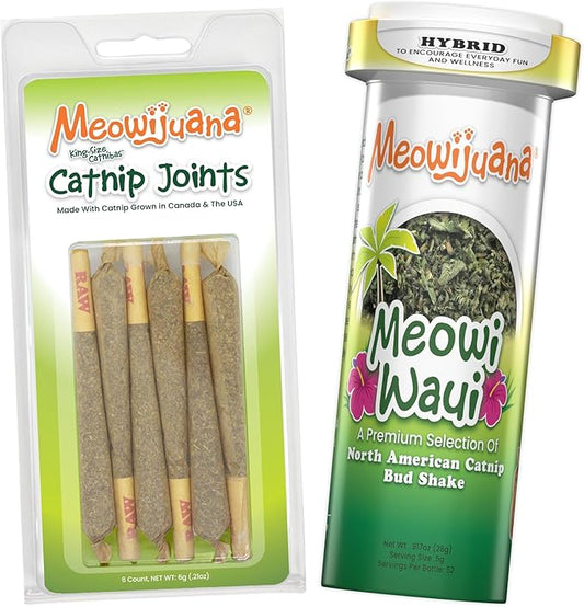 Meowijuana Cloud 9 Bundle | King Size Catnip Joints and Meowi-Waui | Hand Harvested and Rolled Dried High Potency Catnip | Grown in North America