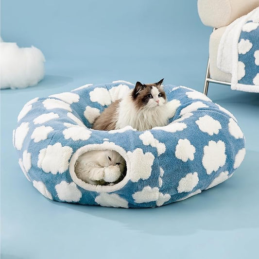 Lesure Cat Tunnel Bed for Indoor Cats - Cute Cat Donut Tunnel Toys for Small Large Cats with Washable Circle Cushion, Round Pet Peekaboo Cave Toy for Kitten/Puppy/Rabbit, Standard Blue