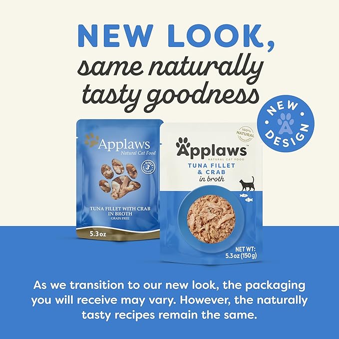 Applaws Natural Wet Cat Food in Broth, Limited Ingredient Wet Cat Food Pouches, No Additives, Made with Natural Ingredients, Tuna Fillet with Crab in Broth (12 x 5.3oz Pouches)