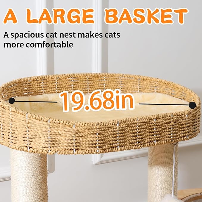 Cat Tree Tower for Indoor Cats, House Condo for Large Cats, Modern Tall Manual Hand Woven With Sisal, Scratching Post, Cute Furniture Activity Centre, Cat Lover Gift