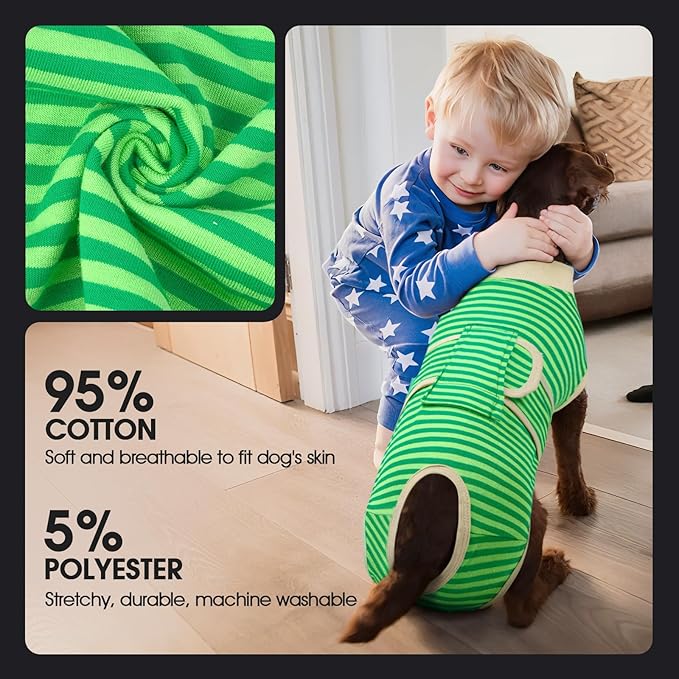 FUAMEY Dog Recovery Suit Male,Dogs Surgery Neuter Suits Puppy Spay Shirts for Female Protect Dog's Skin Anti Licking Abdominal Wounds Doggie Onesie Pet Bodysuit Alternative to Cone Green Stripes XS