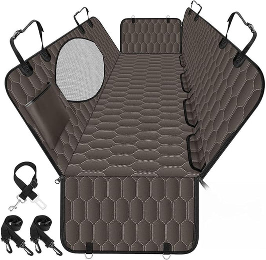 Waterproof Dog Car Seat Cover - Scratch Proof Nonslip Back Seat Hammock with Mesh Window & Storage Pocket for SUVs/Trucks/Sedans-S, Brown/Black
