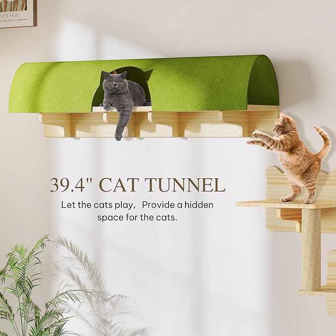 Cat Wall Shelves and Perches, Solid Wood Wall Cat Furniture, Set of 7 Feline Climbing Shelves with Bed, Steps, Scratching Post and Tunnel
