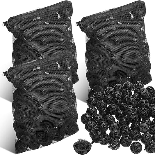 CHENGU 300 Pieces Black Bio Balls for Aquarium 1.02 Inch Internal Bioballs with 5 Pieces Aquarium Filter Media Bags with Zipper for Fish Tank Pond