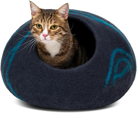 MEOWFIA Cat Cave – Premium Felt Cat Bed for Indoor Cats, Handmade 100% Merino Wool (Large, Black Aqua)