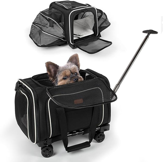 Pet Carrier for Travel - Small Dogs/Cats - 15 LBS MAX Dogs/Cats Expandable - Airline Approved & Roomy - Premium Pets Carrier with Wheels - Cozy Soft-Lined Travel Carrier - Stylish Black Design