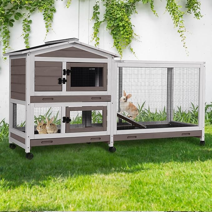 GUTINNEEN Rabbit Cage Indoor Bunny Hutch with Chew-Proof Ramp - 2 Story Guinea Pig Cages Outdoor with 6 Wheels, Leakproof Pull-Out Tray for Rabbits, Guinea Pigs (Brown)
