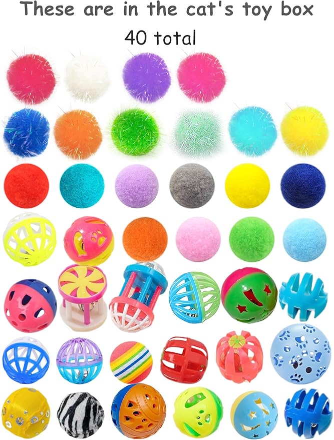 40-Piece Cat Toy Variety Pack for Indoor Cats and Kittens, Bouncy Paws (1.5'' - 2.2'', Cat Toys Deluxe Pack)
