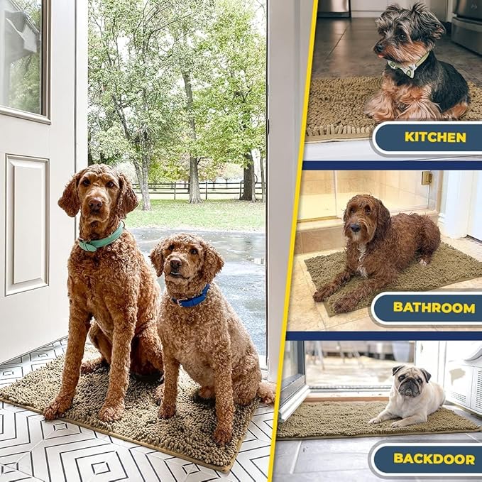 Muddy Mat® Pack of 3 Highly Absorbent Microfiber Dog Door Mat and Pet Rug, Non Slip Thick Washable Area Mat Soft Chenille for Kitchen Bathroom Bedroom and Outdoor - Beige Small, Medium & Large