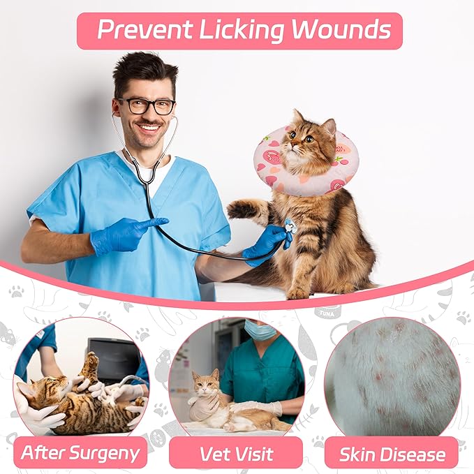 Cat Cone Soft Collar, Adjustable Cat Recovery Collar for Small Medium Large Cats, Cute Donut E Collar After Surgery, Anti-Lick Wound Healing Elizabethan Collar for Kittens (Pink Heart, Small)