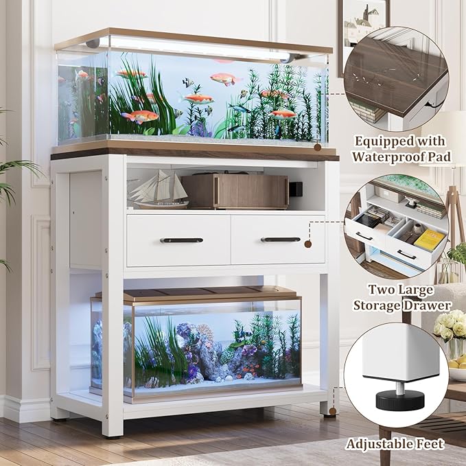 20-29 Gallon Aquarium Stand with Stable Metal Frame & Power Outlet, Heavy-Duty Fish Tank Stand with Waterproof Mat, 550LBS Capacity Storage Cabinet, White+Brown