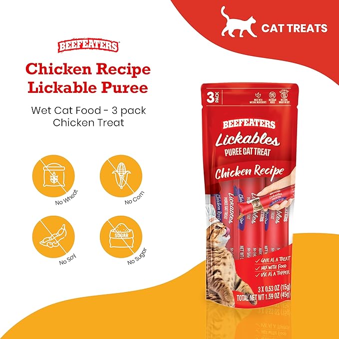 Beefeaters Cat Treats Lickable Puree 1.59oz (12-Pack) – Chicken, Grain-Free, Taurine-Enriched, Ideal for Training & Interactive Feeding