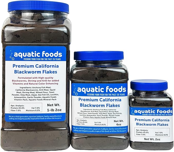 Aquatic Foods Inc. California Blackworm 45% Protein Premium Flakes for Discus, Cichlids, All Tropical Fish Also Pellet Mix, Wafer Mix Included…6oz