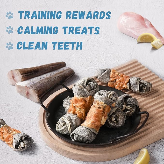 Dog Treats Chicken Wrapped Cod Skin Knotted Bones-6.5", All-Natural Healthy Fish Skin Dog Chew Treats, Rich in Omega-3 Protein, 4 Counts, 10.6 OZ