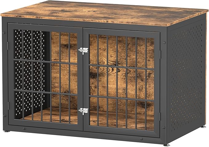 48" Rustic Heavy Duty Dog Crate Furniture for Extra Large Dogs, Metal Kennel for High Anxiety Dogs, Wooden Cage Furniture Indoor, Decorative Dog Kennel End Table, XL