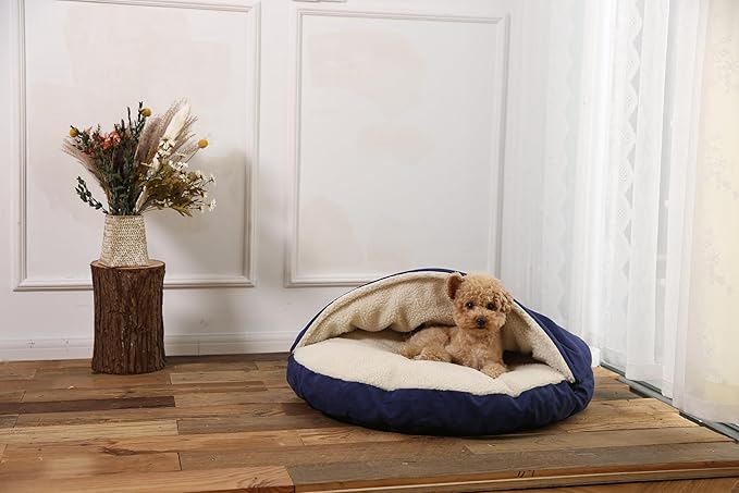 Amazon Basics Pet Cave Bed for Dog, With Removal Nesting Cave Cover, Fits up to 35lbs Pets, 30 x 30 x 12.5 inches, Blue