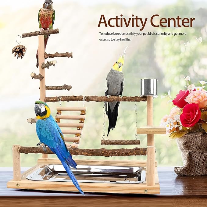 Bird Playground, Parrot Perch Stand, Natural Wood Bird Play Stands for Cockatiel Wood Perch Gym Playpen Ladder with Removable Tray and 2 Stainless Steel Cups, Bird Cage Accessories, Parrot Swing