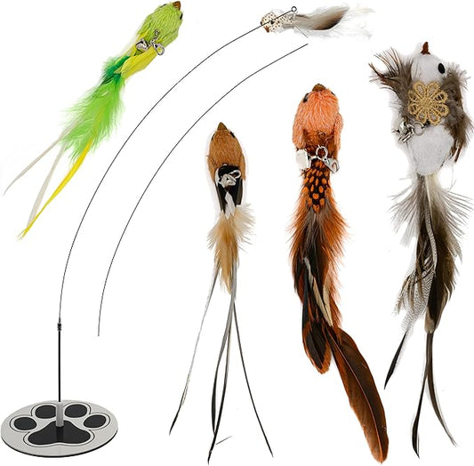 Interactive Bird Simulation Cat Toy Set for Bored Indoor Adult Cats Feather Toy Wand 5 Pcs Natural Bird Feathers Stable Round Base Wand Cat Toys for Indoor Cats Hunting Toys