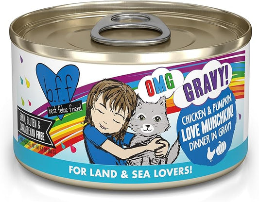 Weruva B.F.F. OMG - Best Feline Friend Oh My Gravy!, Love Munchkin! with Chicken & Pumpkin in Gravy Cat Food, 2.8oz Can (Pack of 12)