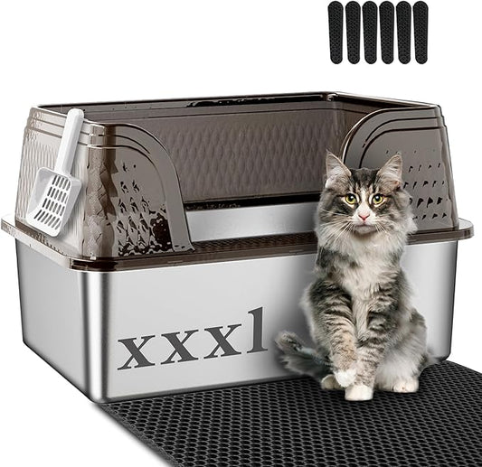 Suhaco Extra Large Stainless Steel Litter Box with Lid XXXL High Sided Cat Litter Boxes Included Litter Mat & Litter Scoop Anti-Urine Leakage Metal Pet Toilet for Big Cats (Black XXXL)