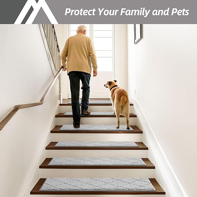 COSY HOMEER Edging Stair Treads Non-Slip Carpet Mat 28inX9in Indoor Stair Runners for Wooden Steps, Edging Stair Rugs for Kids and Dogs, 100% Polyester TPE Backing (15pc, Grey)