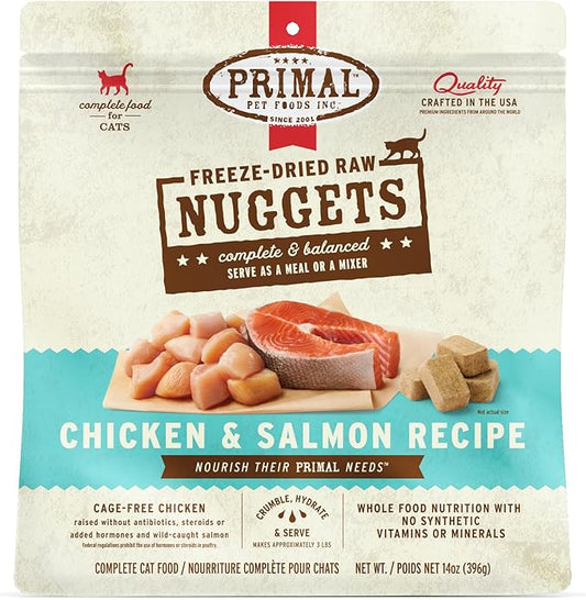 Primal Freeze Dried Raw Cat Food Nuggets Chicken & Salmon, Complete & Balanced Meal or Topper, Premium, Healthy, Grain Free, High Protein Raw Cat Food with Probiotics (14 oz)