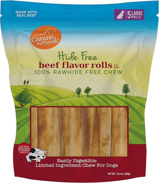 Canine Naturals Beef Chew - Rawhide Free Dog Treats - Made with Real Beef - Poultry Free Recipe - All-Natural and Easily Digestible - 5 Pack of 7 Inch Large Rolls for Dogs 50-75lb