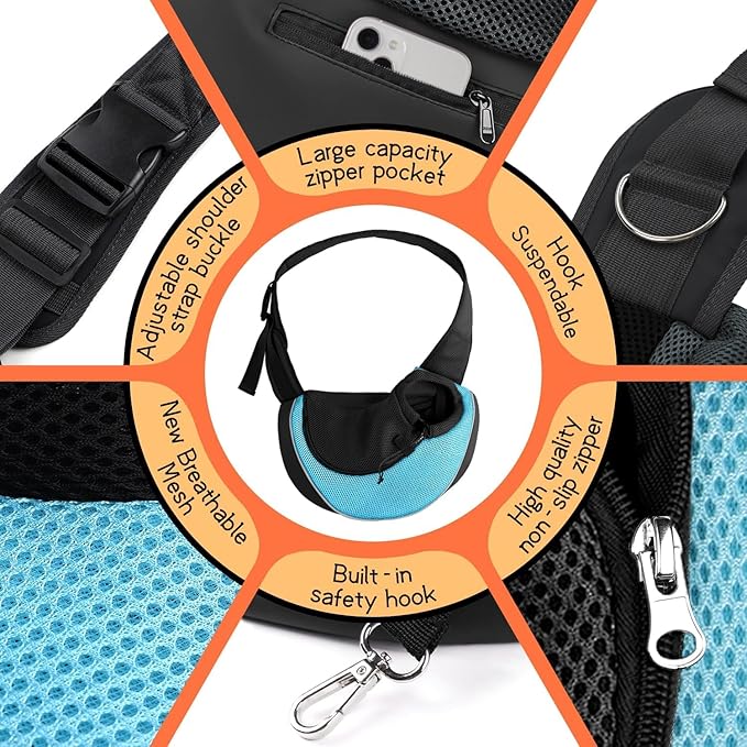 YUDODO Pet Sling Carrier for Small Dogs & Cats – Hands-Free Puppy Carrier with Safety Hook, Large Zipper Pocket, Soft Breathable Mesh, Adjustable Strap & Reflective Strip (Cyan 2.0 M)